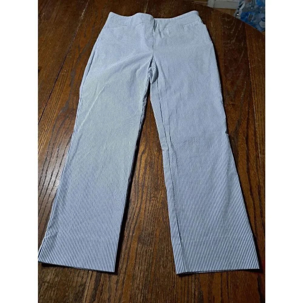 Small Hilary Radley Blue White Stripe Elastic Waist Pull On Capri Pants Pockets